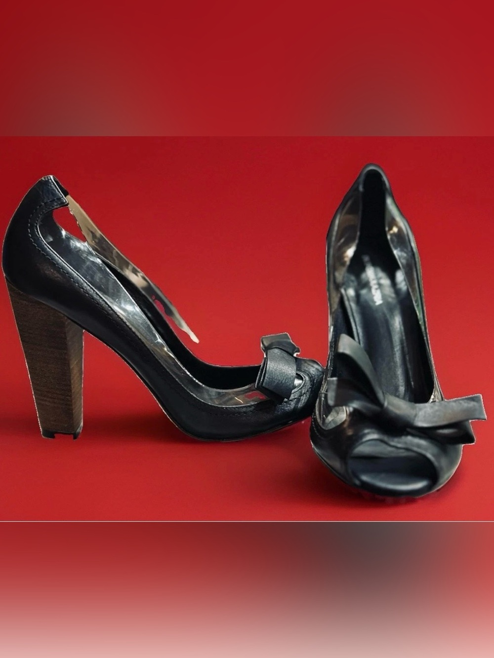 BCBGMAXAZRIA Leather Clear Bow Peep Toe Pump Block Wood Heel Size 9B 39 Black